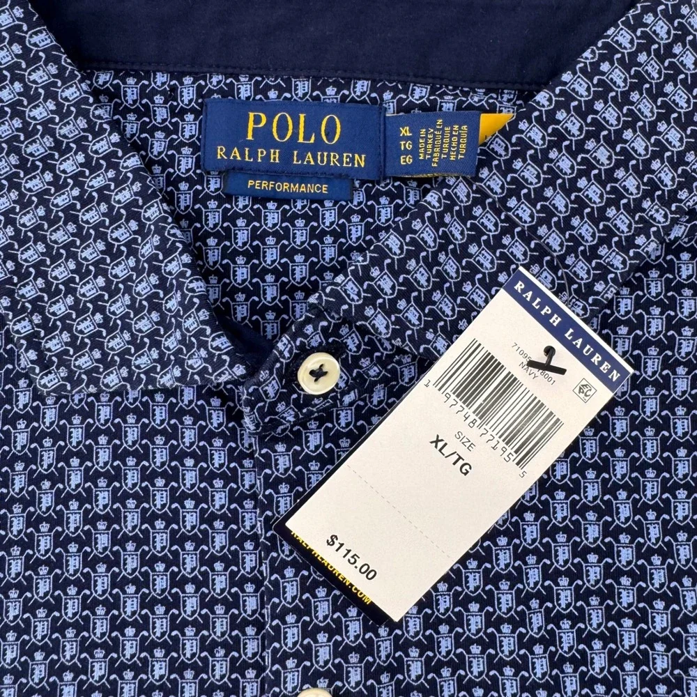 Polo Ralph Lauren Polo Shirt Men XL Navy Blue Performance Crest Shield Pattern